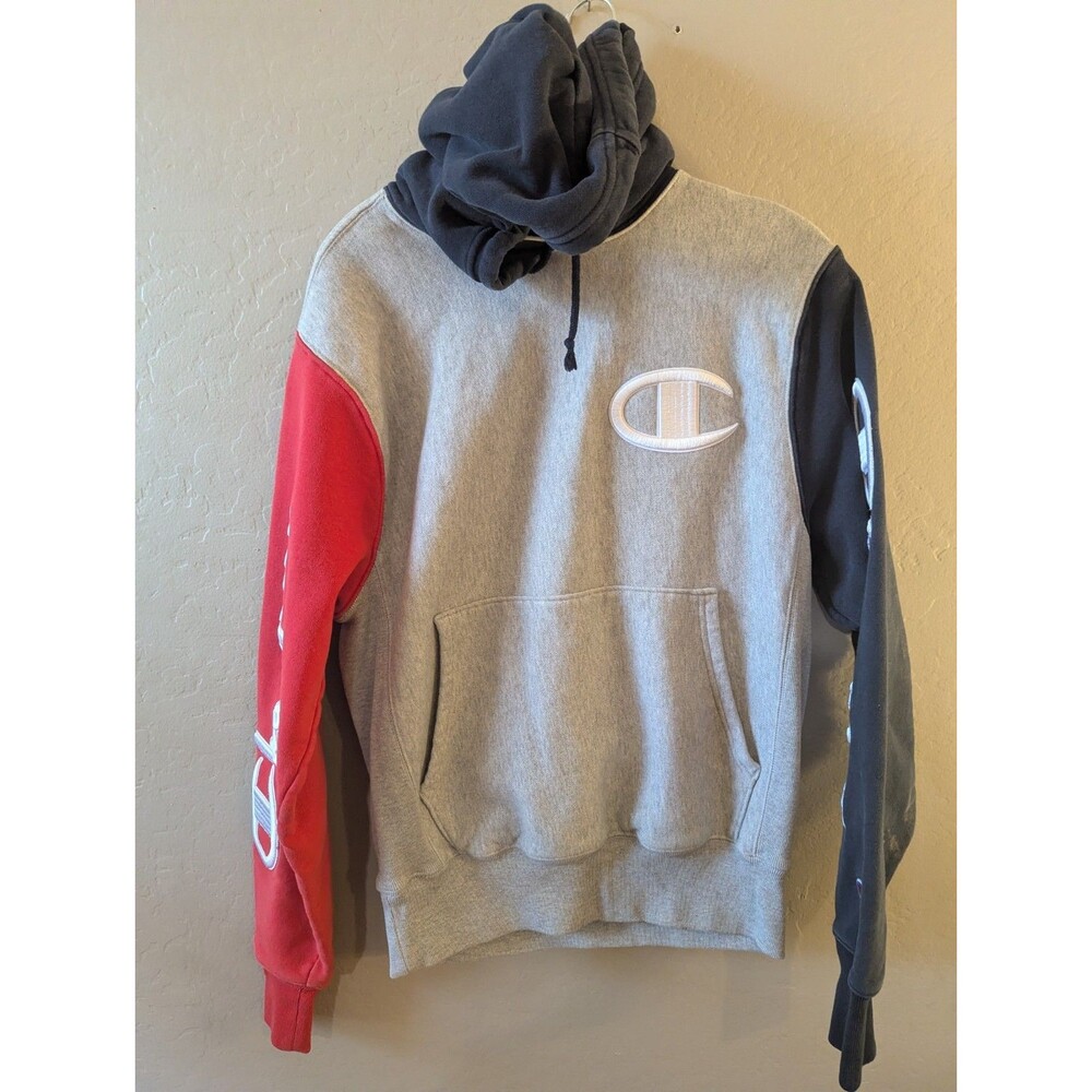 Champion Reverse Weave Hoodie Men's Size Small Red Gray Color Block Cotton